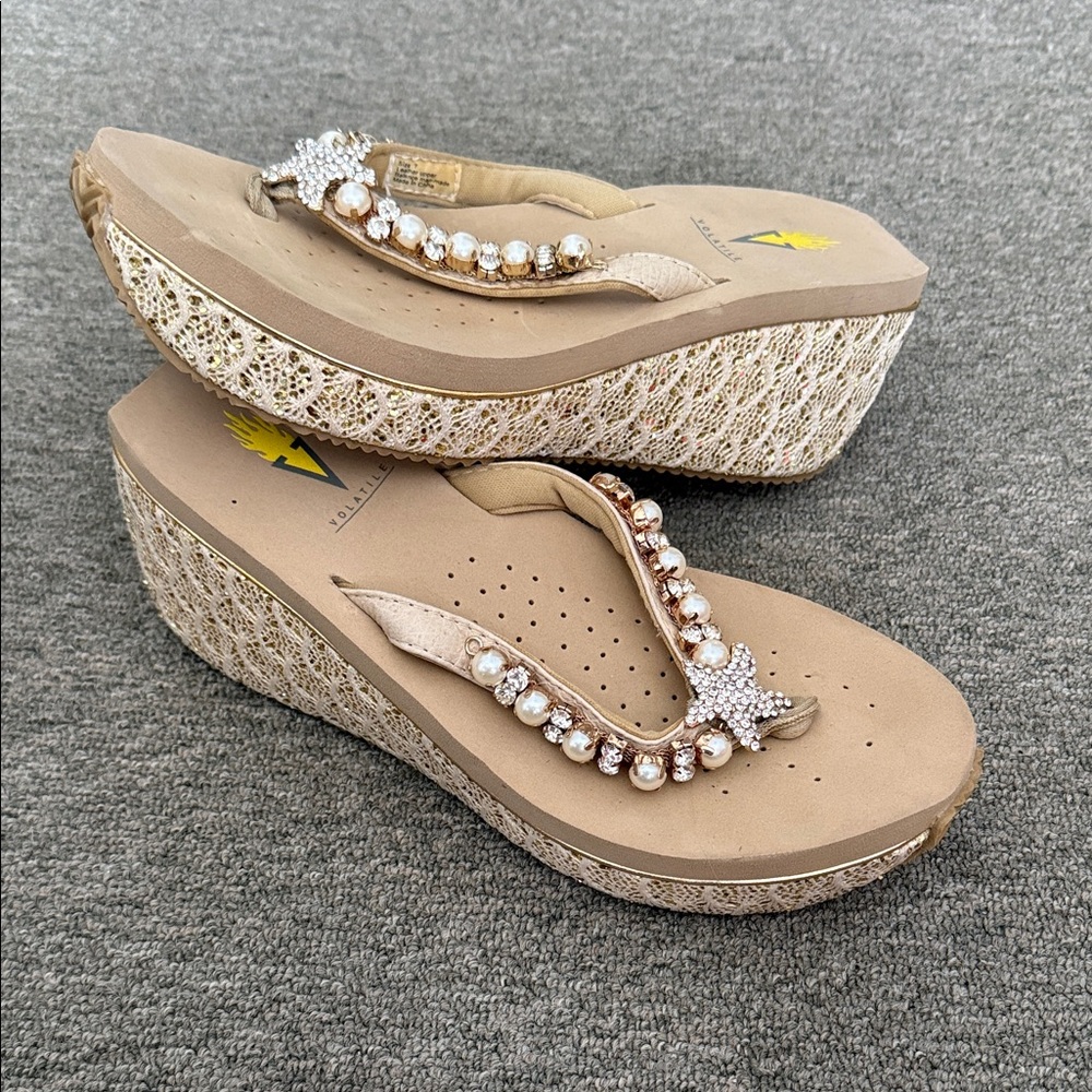 Volatile Beige Wedge Sandals with Rhinestone Accents